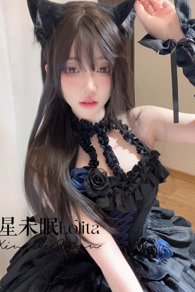[Sunset Venus] Halterneck Sleeveless Multi-Layered Ruffle Bowknot Lace Fishbone Sweet Lolita Dress 2 Colors