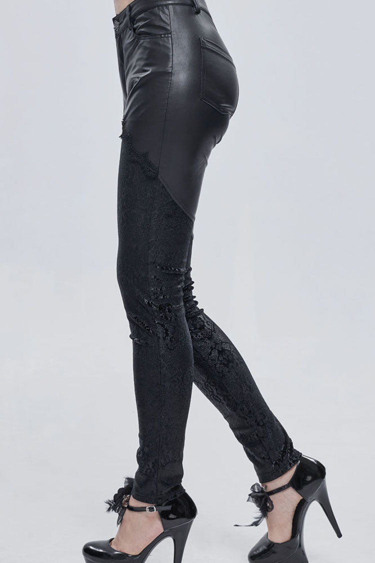 Black Gothic Metal Rose Button Leather Lace Panel Slim Fit Women's Long Pants