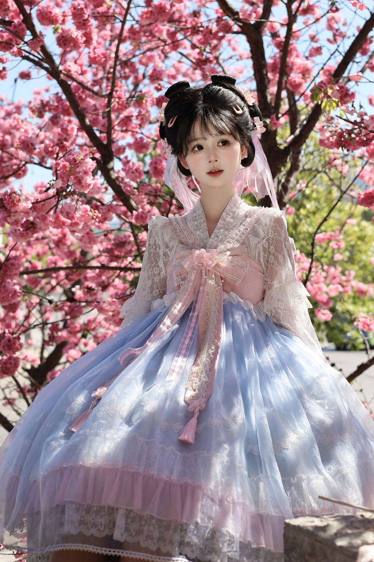 [Peach Blossoms in Spring Fields] Sleeveless Ruffle Bowknot Lace Sweet Chinese Style Lolita Jsk Dress 3 Colors