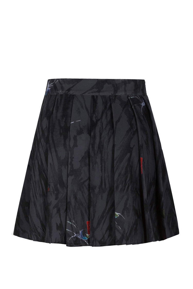 Black Casual Chinese Painting Decorated Pleated Women's Steam Punk Skirt