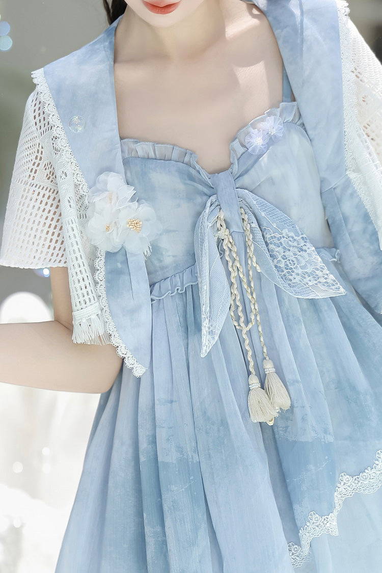 Blue [Clouds Resting in the Wilderness] Print Ruffle Embroidery Bowknot Lace Irregular Lolita Jsk Dress