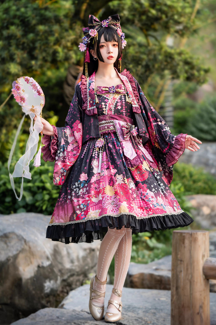 Black/Red [Cherry Blossom Cat Islet] Sleeveless Printed Ruffled Bow Sweet Lolita Jsk Dress Set