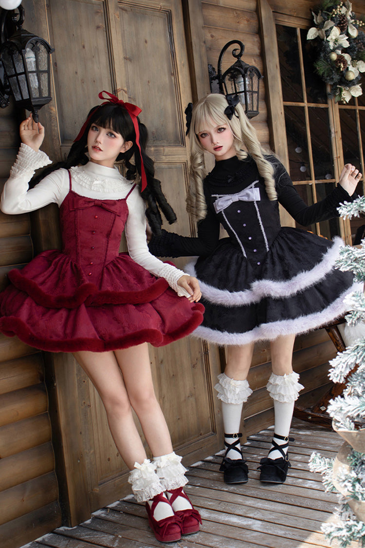 [Winter's Wish] Double-Layered Jacquard Bowknot Furry Sweet Lolita Jsk Dress 2 Colors