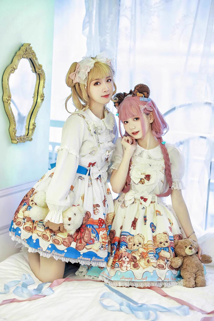 Honey Bear Cafe Print Bowknot Lace Sweet Lolita Jsk Dress 2 Colors