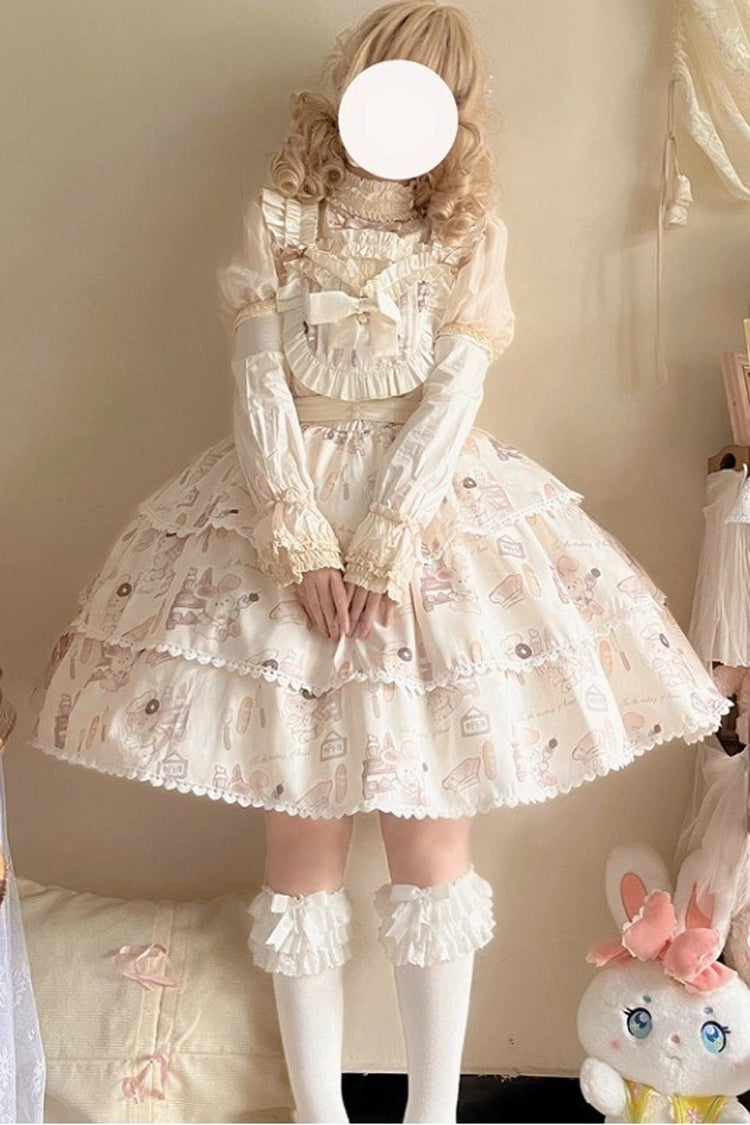 Beige Sleeveless Triple-Layered Print Ruffle Bowknot Sweet Plus Size Lolita Jsk Dress