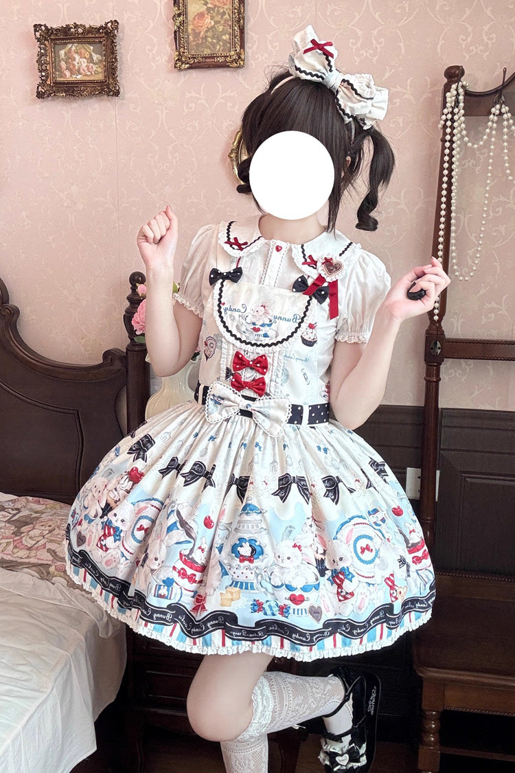 Beige [Mystery Rabbit Tea Party] Sleeveless Print Bowknot Lace Sweet Lolita Strap Dress