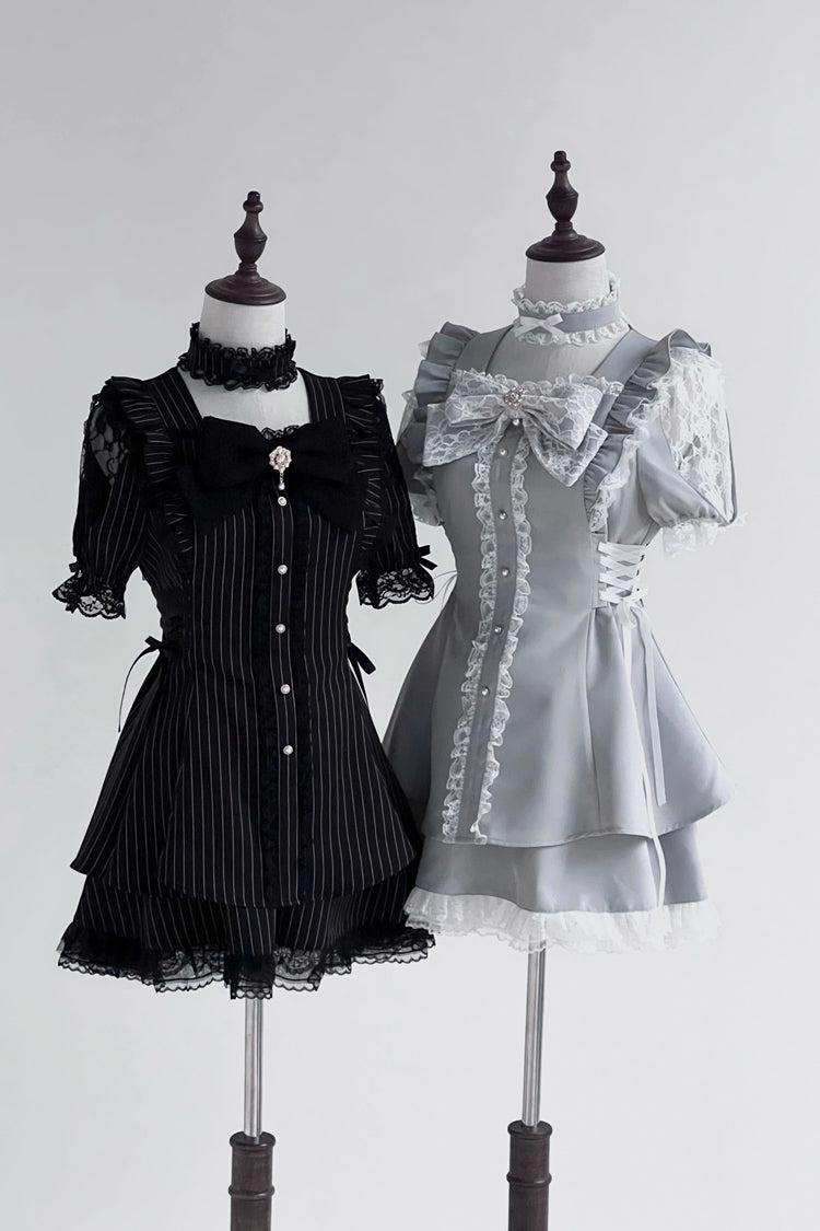 Black [Waltz] Short Sleeves Stripe Print Ruffle Bowknot Gothic Jirai Kei Japanese Dress Set