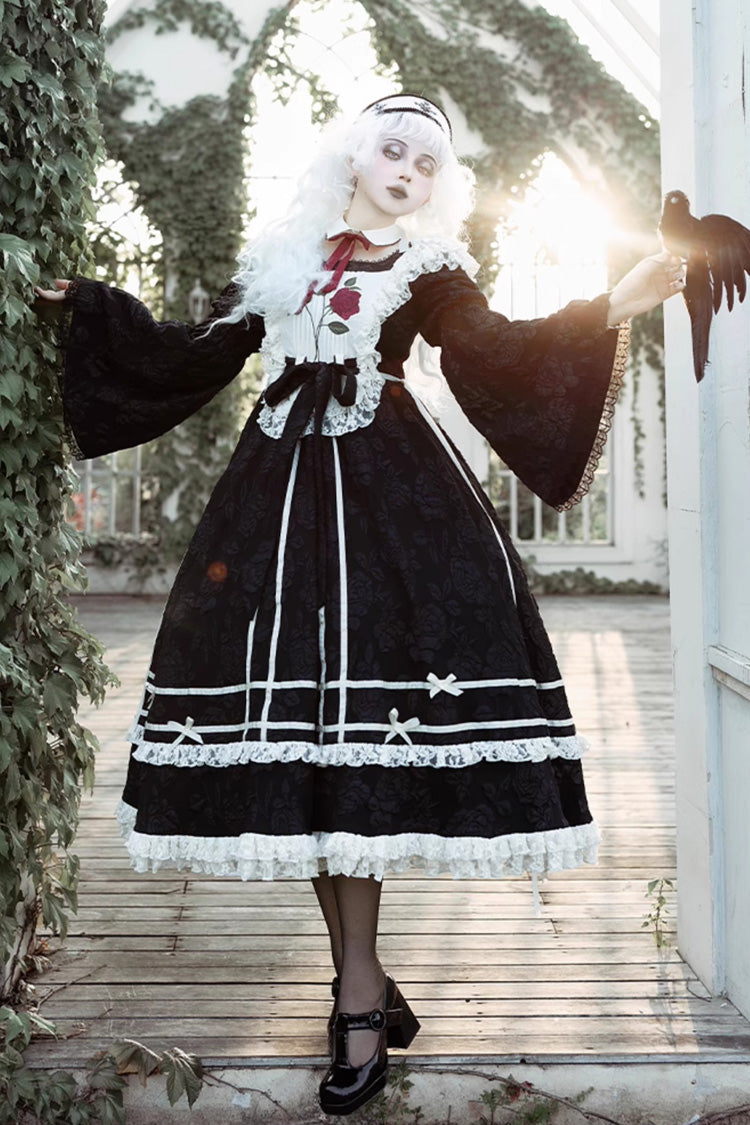 Black [Rose Choir] Double-Layered Ruffle Embroidery Bowknot Lace Gothic Elegant Nun Lolita Dress