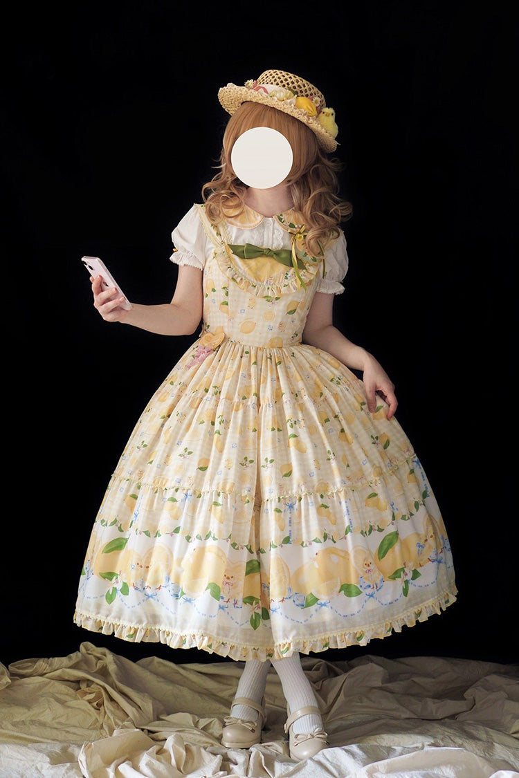 Yellow [Lemon Chicken] Print Ruffle Bowknot Lace Sweet Lolita Jsk Long Dress