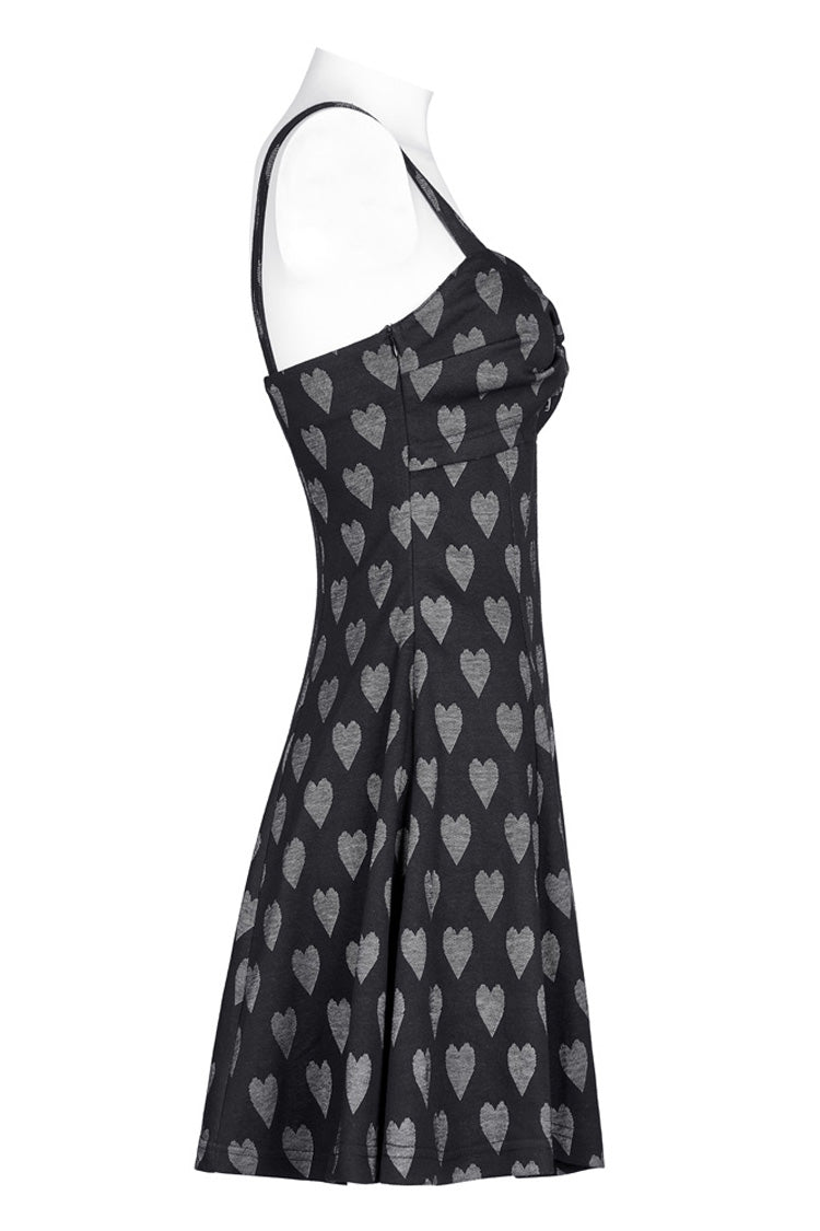 Black/Grey Heart Print Pattern Suspender Hollow Mesh Metal PU Buckle Bow Design Sleeveless Women's Punk Dress