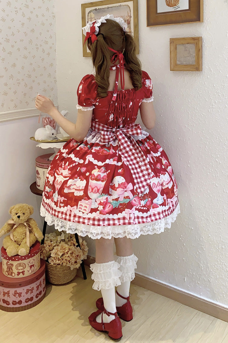 Red [Strawberry Parfait] Print Short Sleeves Ruffle Bowknot Lace Lace-Up Sweet Lolita Dress