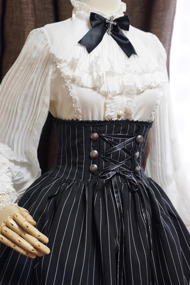 Black Multi-Layered Stripe Print Ruffle Lace-Up Classic College Style Elegant Lolita Skirt