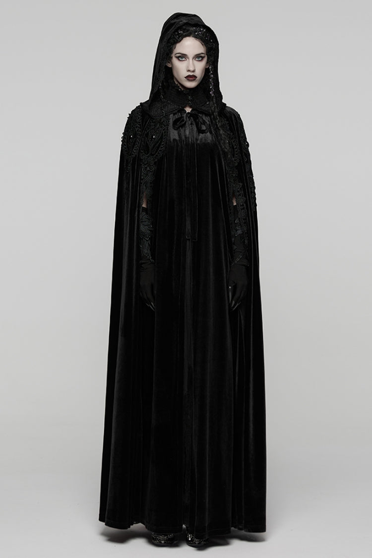 Schwarzer Samtumhang für Damen mit floraler Stickerei und Diamanten im Gothic-Stil 