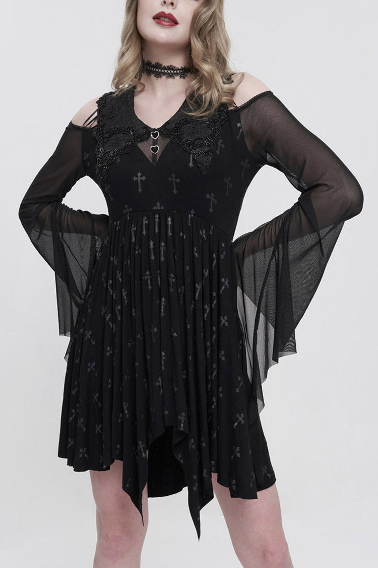Black Sleeves Cross Print Embroidered And Beaded Neckline Stretch-Mesh Flared Women's Gothic Dress