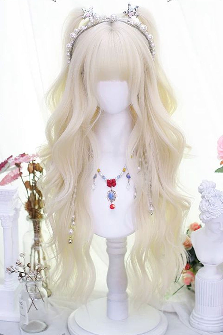 Perruque longue bouclée blonde noyer avec frange émoussée style japonais doux lolita