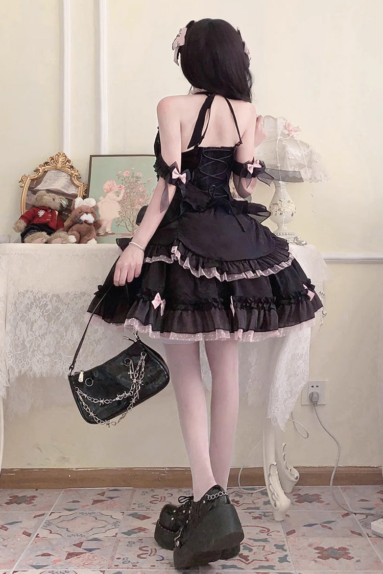 Schwarz/Rosa Gothic Lolita Jsk Kleid mit Schnürung und Rüschen, mehrlagig
