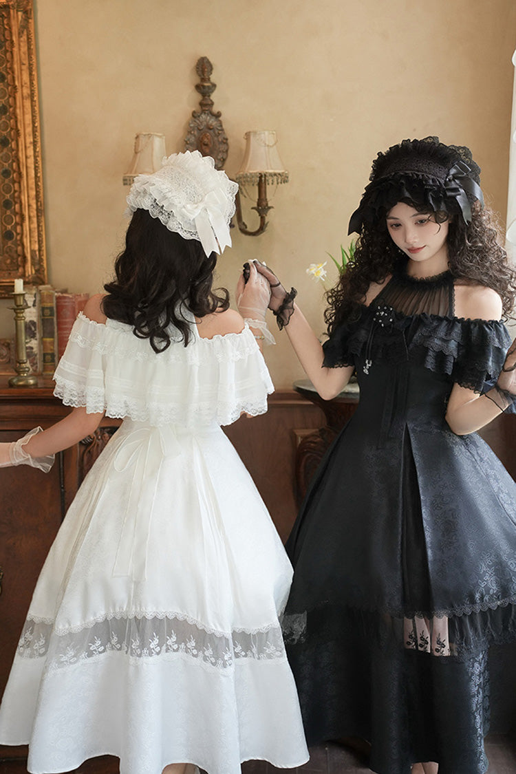 White [Flowers in the Mist] Off Shoulder Halterneck Print Ruffle Gothic Elegant Lolita Dress