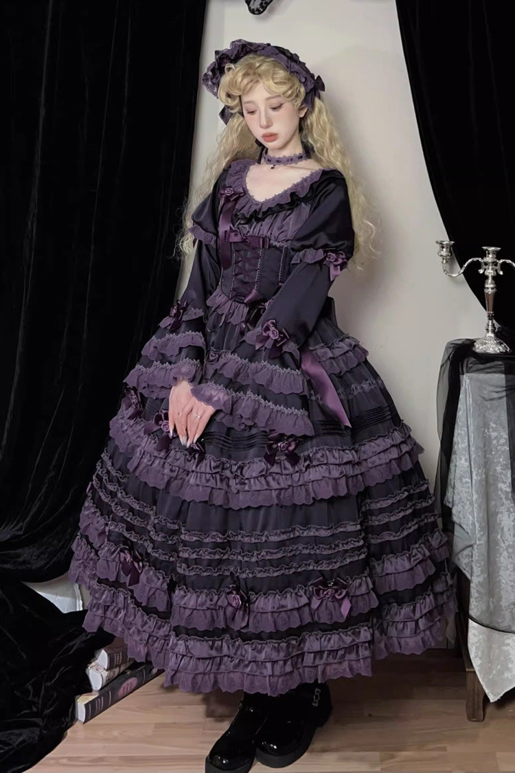 Purple [Layered Blackcurrant] Short Sleeves Ruffle Bowknot Lace Sweet Lolita Dress