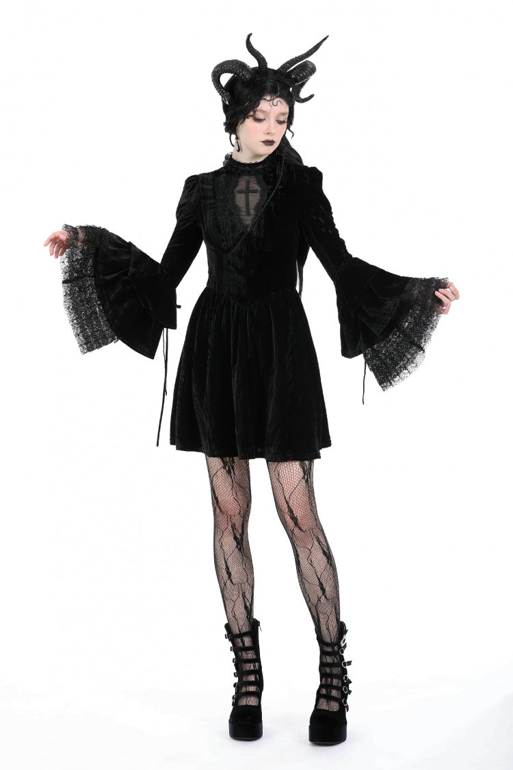 Black Women's Gothic Cross Lace Ruffled Stand Collar Long Flared Sleeves Lace-Up Velvet Dress