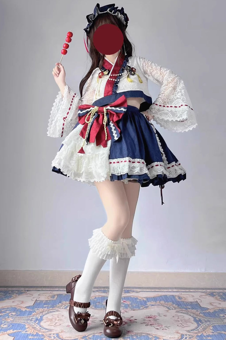 赤/白/青姫袖フリルちょう結び日本のプリンセス甘いロリータドレススカートセット