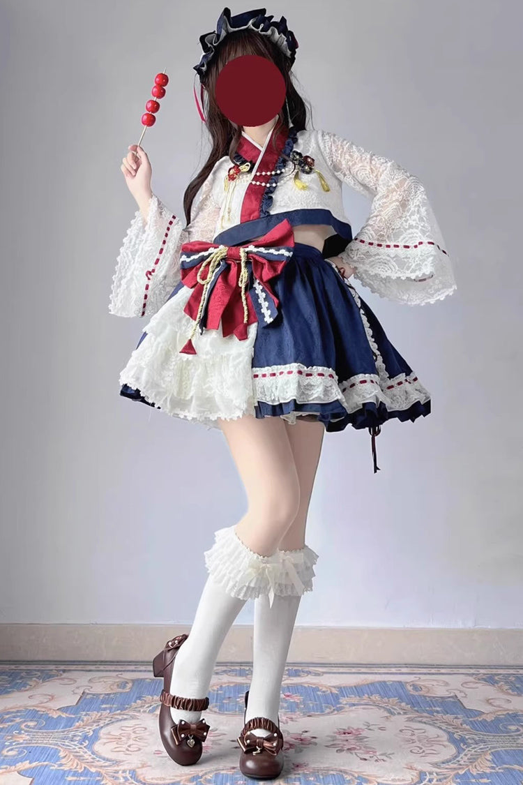 Rot/Weiß/Blau Hime Ärmel Rüschen Bowknot Japanische Prinzessin Sweet Lolita Kleid Rock Set