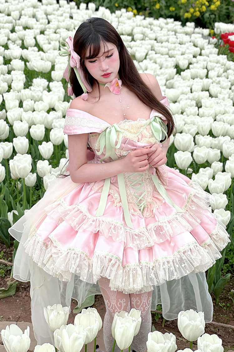 Robe Lolita Princesse Douce Romantique à Nœud Papillon en Dentelle à Lacets à Volants à Double Couche avec Encolure Bateau [Tulip Love Song] Rose 