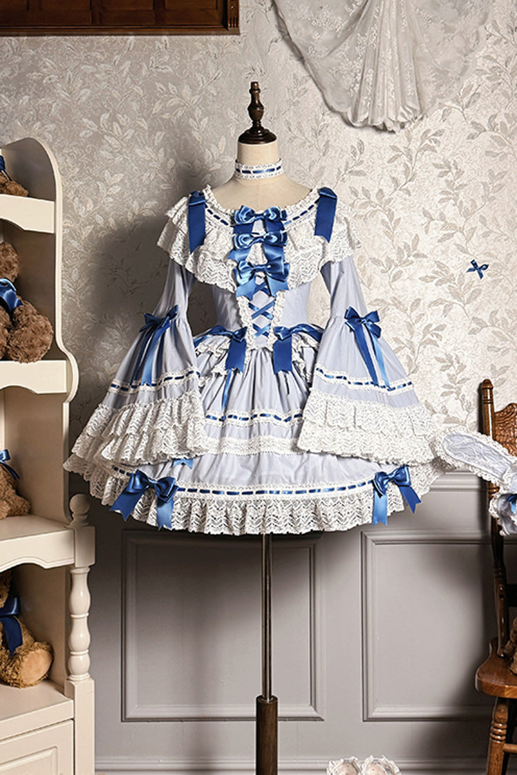 Blue/White [Rabbit Sleeping Doll] Long Trumpet Sleeves Ruffle Bowknot Lace Sweet Lolita Dress