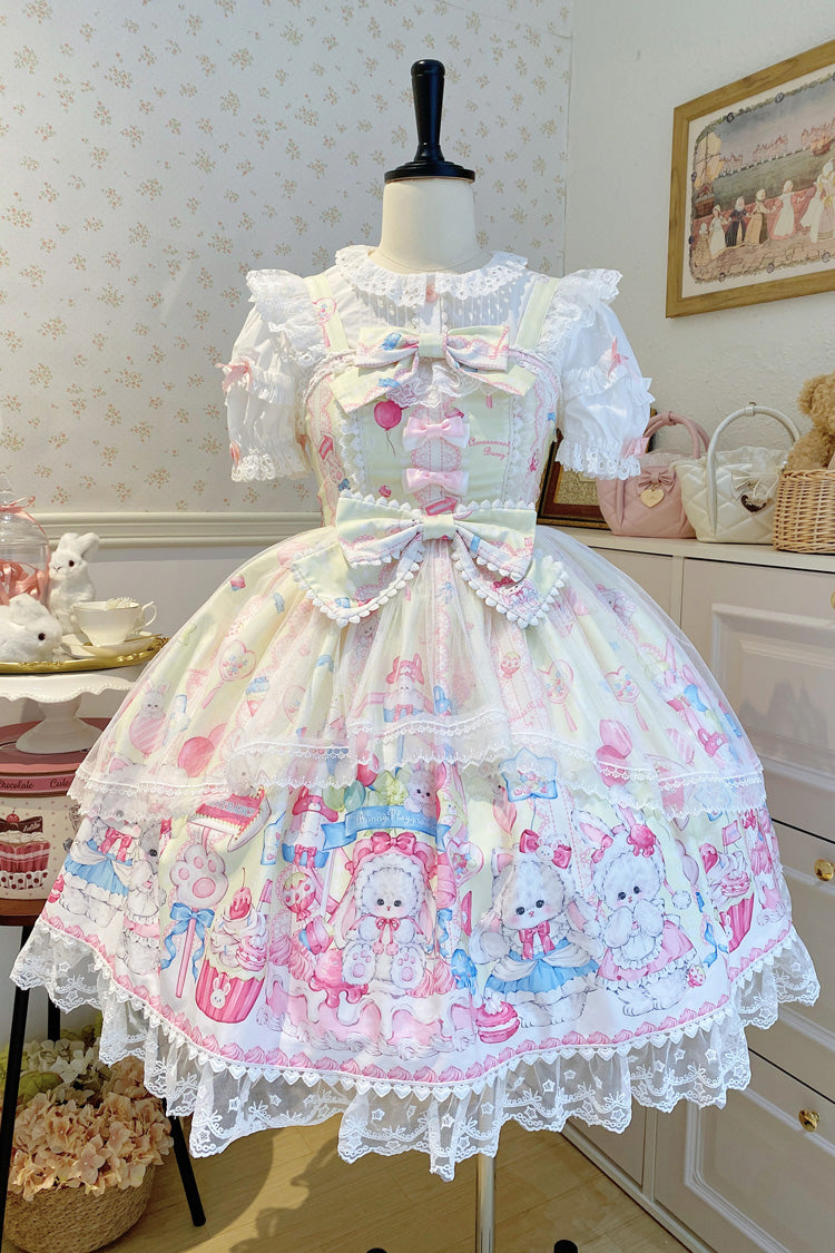 Robe Jsk Lolita Douce en Dentelle à Nœud Papillon à Volants Imprimée Jaune [Adorable Lapin Gâteau Sucré] 