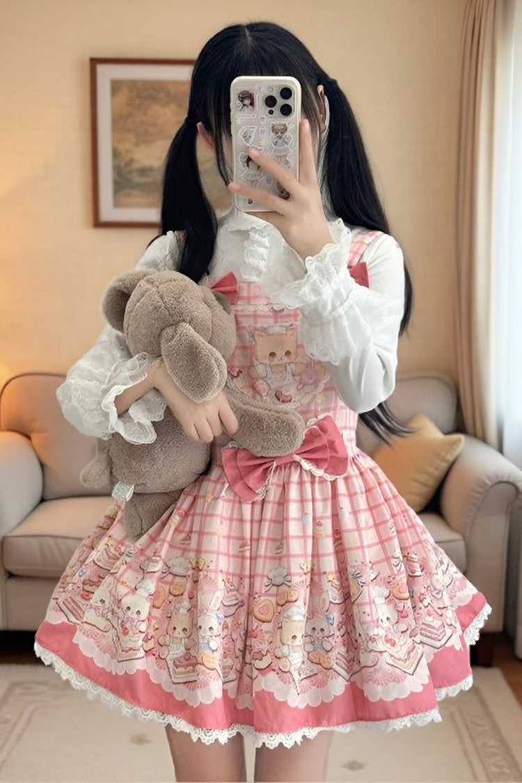 [Bear Cake] Sleeveless Print Bowknot Lace Doll-Style Sweet Lolita Suspender Dress 3 Colors