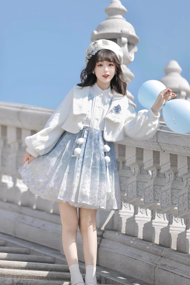 White/Blue Long Sleeves Print Ruffle Chinese Style Princess Sweet Lolita Jsk Dress Set