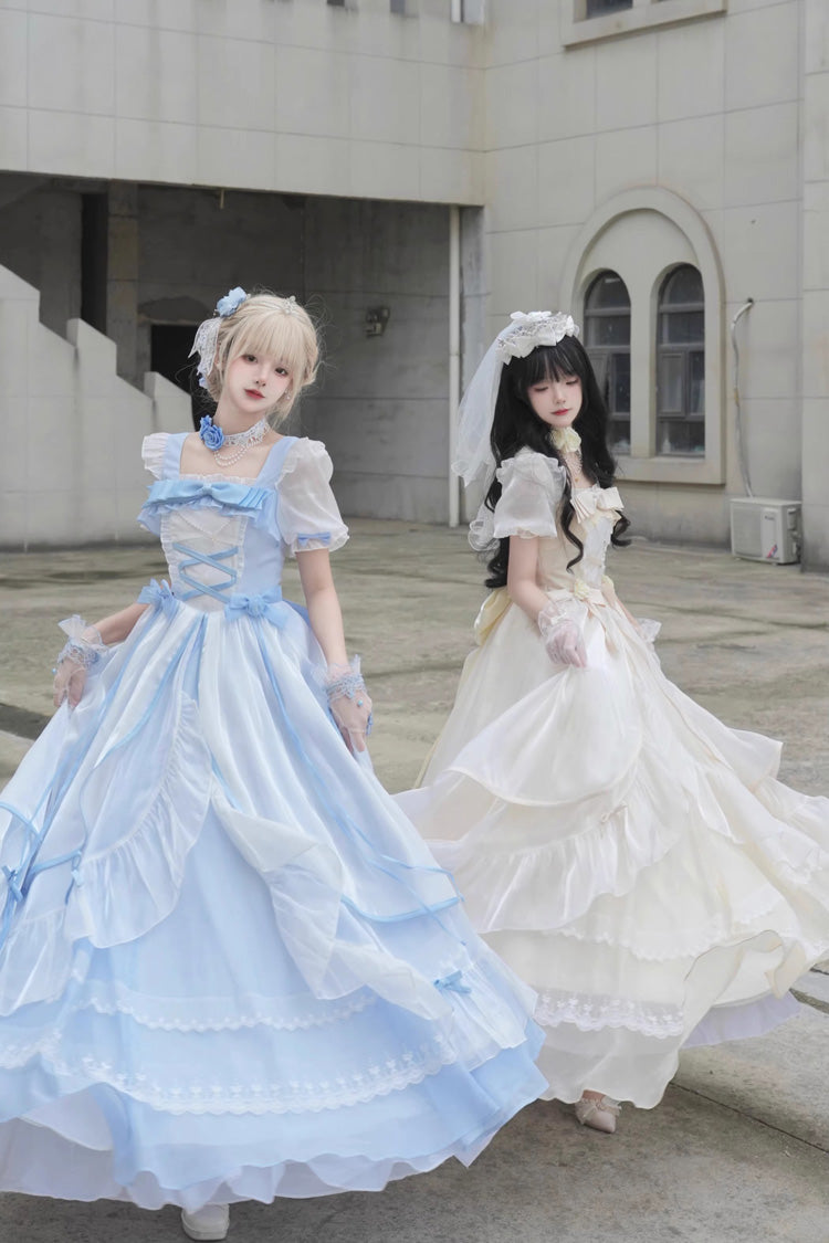 Sweet Short Puff Sleeves Ruffle Hanayome Cardigan Bowknot Princess Gorgeous Lolita Dress 2 Colors