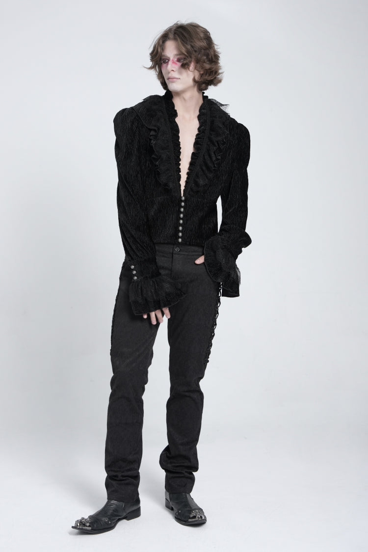 Black V Collar Long Sleeves Ruffle Stitching Lace Men's Gothic Blouse