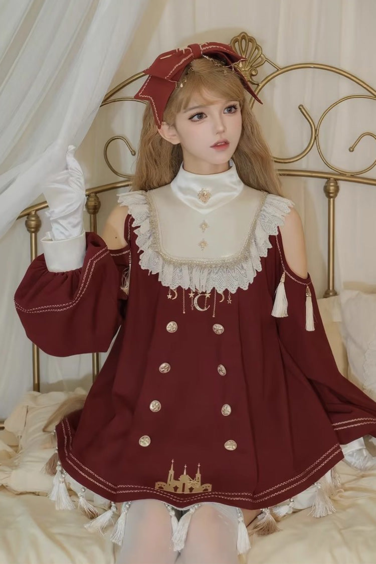 Rotes [Sternenklare Nacht] Langarm Rüschenstickerei Süßes Prinzessin Lolita Kleid Komplettset 