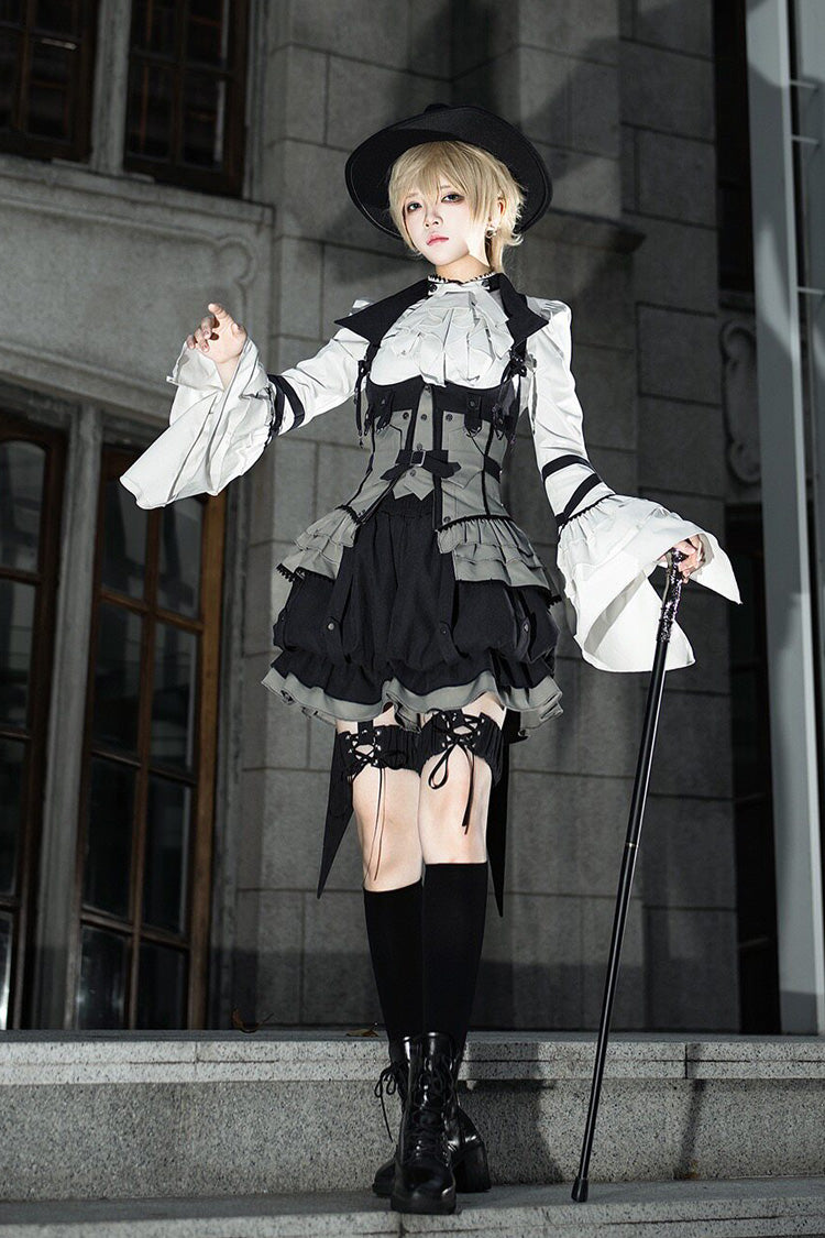 Black/White [Wandering Bird] Long Sleeves Corset Waist Ruffled Gothic Ouji Prince Style Vest Blouse and Shorts Set