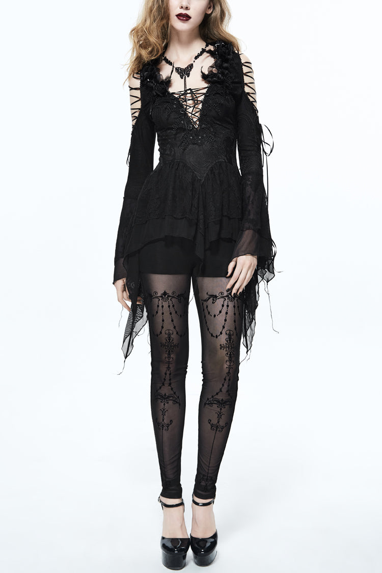 Black Big V Neck Lace Up Back Collar Rose Feather Decoration Lace Flare Sleeve Women's Gothic Knit T-Shirt