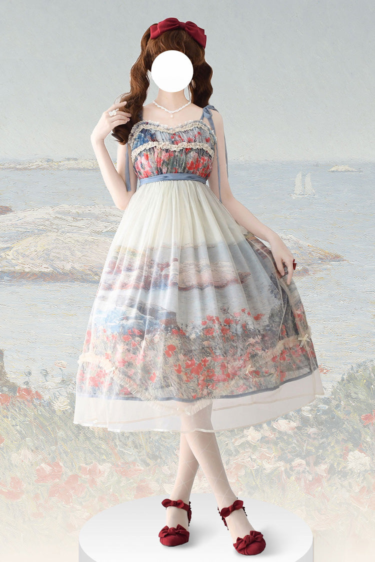 Multi-Color [Oil Painting – Island Garden] Sleeveless Print Ruffle Bowknot Lace Sweet Lolita Jsk Dress