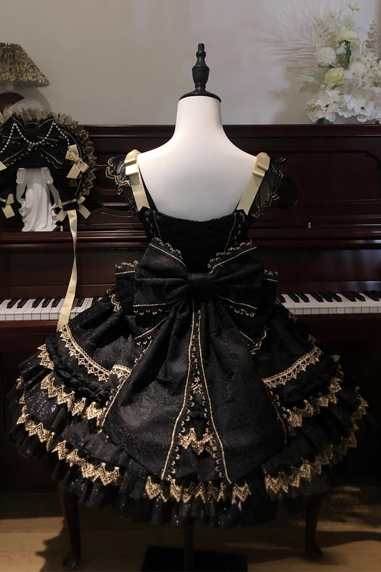 Black [Gilded Memories] Sleeveless Double-Layered Ruffle Hot Stamping Bowknot Lace Sweet Lolita Jsk Dress