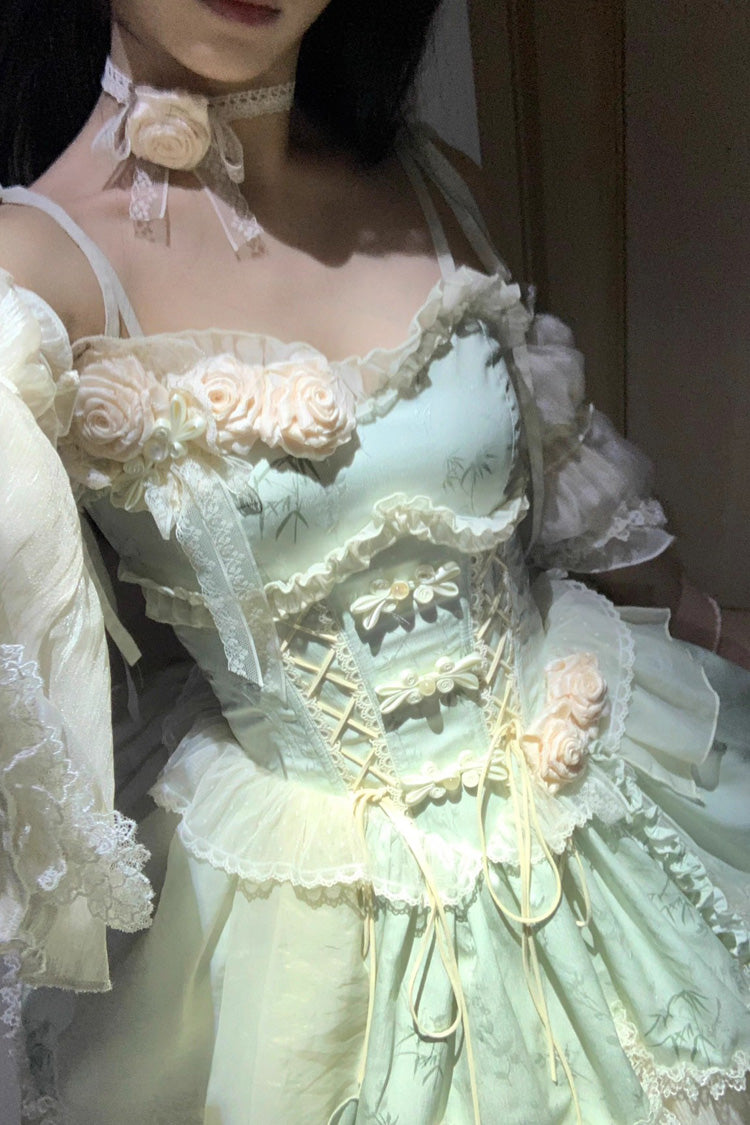 Green [Tea Bamboo Song] Sleeveless Print Ruffle Bowknot Sweet Chinese Style Elegant Ballet Lolita Jsk Short Dress