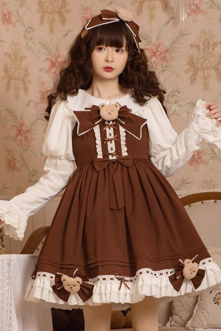 Brown [Mousse Bear] Sleeveless Ruffle Bowknot Sweet Vintage Princess Lolita Jsk Dress