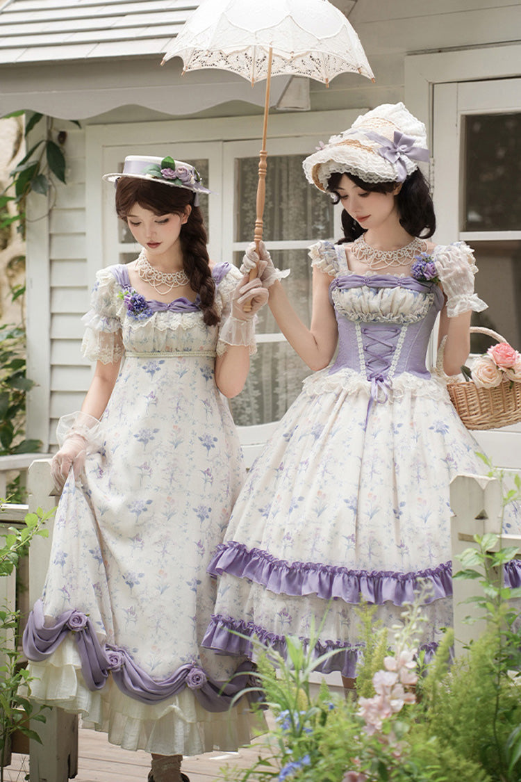 Purple/Ivory [Iris Secrets] Short Sleeves Double-Layered Print Ruffle Bowknot Lace-Up Sweet Lolita Dress