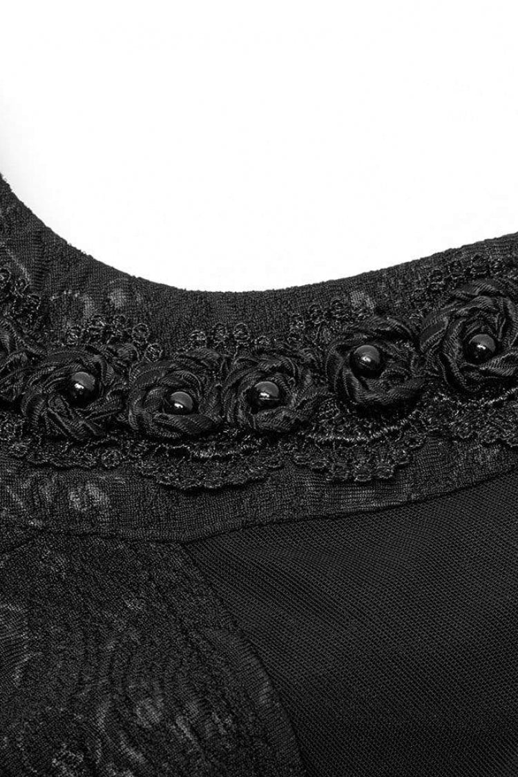 Schwarze Gothic-Bluse mit langen Trompetenärmeln, Print, Hohlnähten und Schnürung für Damen