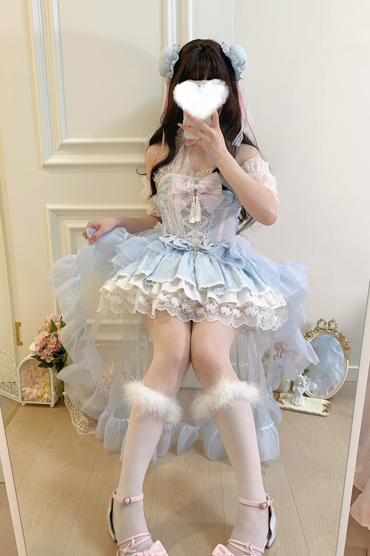 Blue [Rain and Flowers] Halterneck Jacquard Ruffle Bowknot Lace Sweet Lolita Jsk Dress