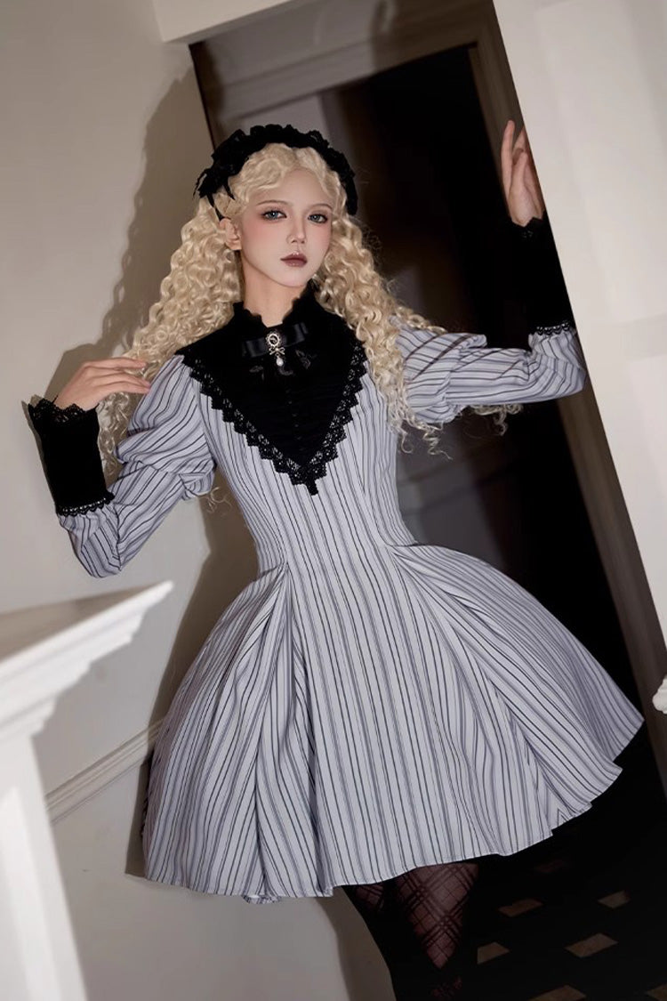 Light Grey [Nocturne] Vertical Stripes Print Ruffle Bowknot Lace Gothic Lolita Dress 2 Versions