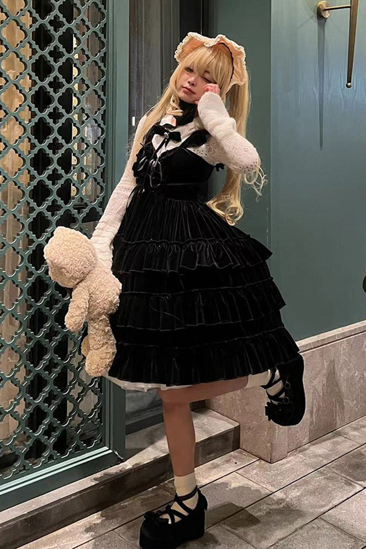 [Sponge Cake] Multi-Layered Ruffle Lace-Up Gothic Lolita Jsk Dress 2 Colors