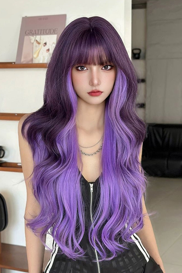 Y2K Noir à Violet Ombre Visage Cadrage Faits Saillants Longue Ondulée Sweet Lolita Perruque Complète