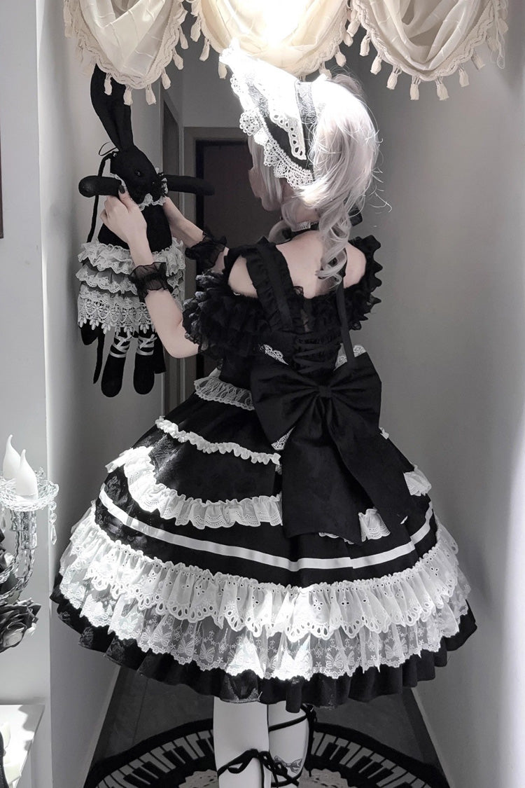 Noir/Blanc [Super Mignon Belia] Robe Lolita Jsk Élégante Gothique en Dentelle à Nœud Papillon à Volants à Trois Couches Sans Manches 