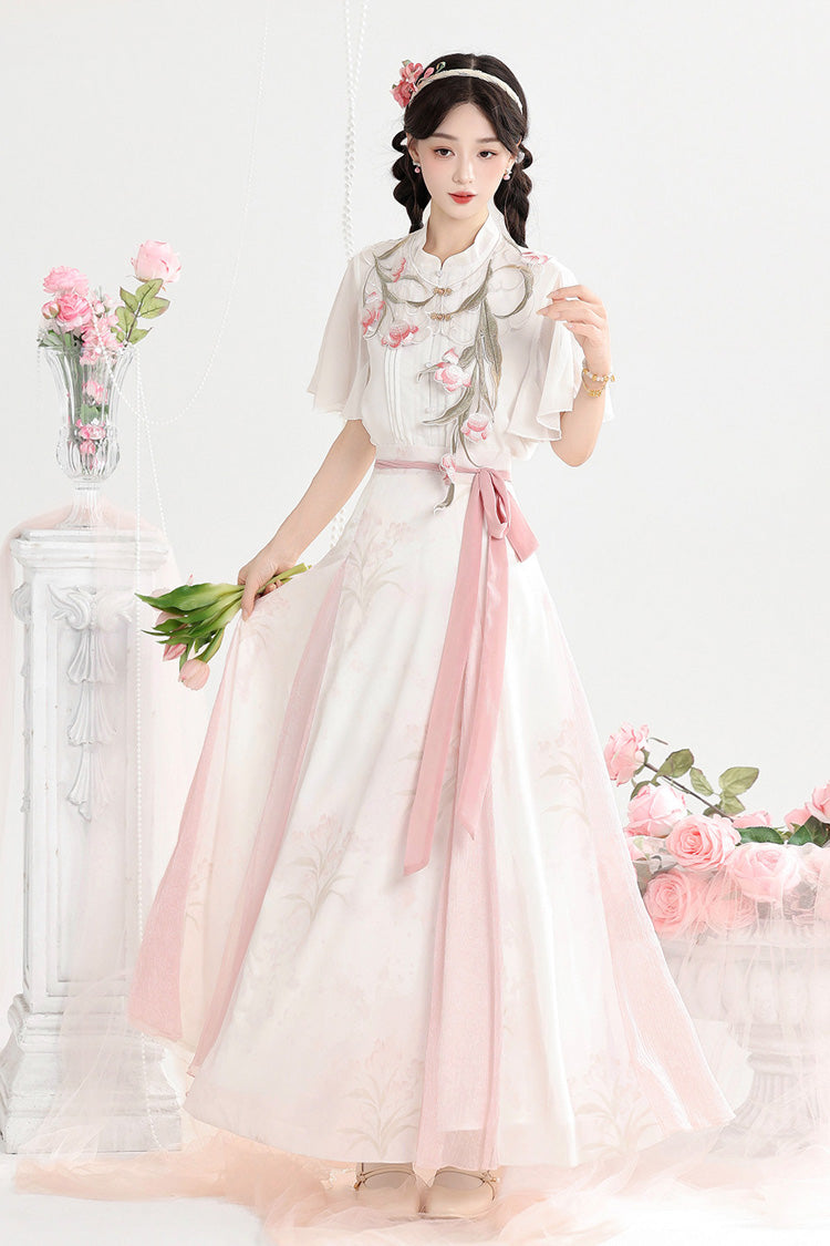 White/Pink [Tulip] Round Collar Short Sleeves High Waisted Printed Women's Casual Sweet Chinese Inspired Hanfu Set