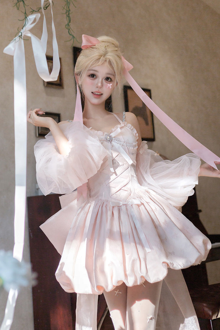 Pink [The Runaway Princess] Sleeveless Ruffle Bowknot Lace-Up Sweet Lolita Jsk Tulip Dress Set