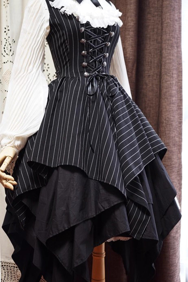 Black Sleeveless Striped Print Lace-Up Irregular Hem Gothic Lolita Dress