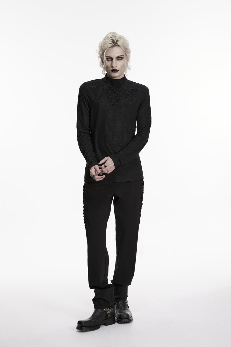 Schwarzes, schmal geschnittenes, schmales Herren-Gothic-Oberteil mit hohem Kragen und langen Ärmeln aus Jacquard